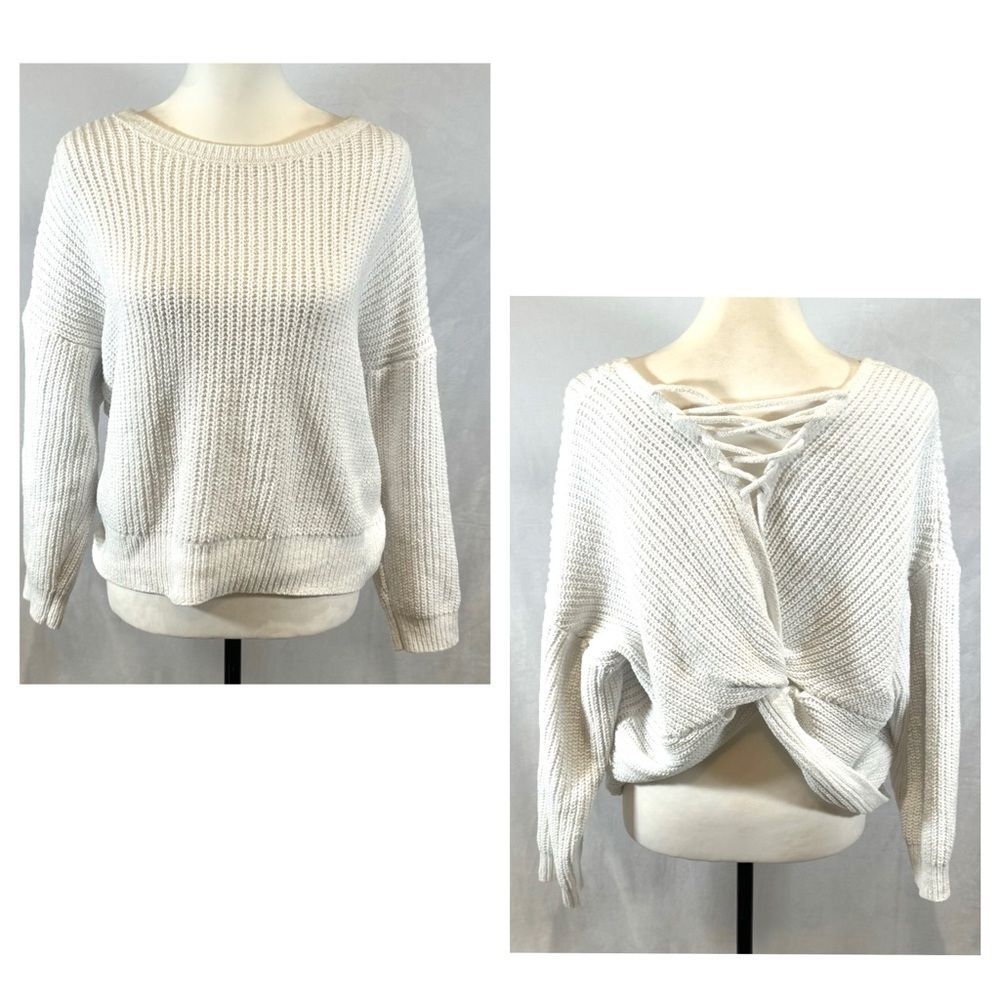 White lace up twist back sweater size large